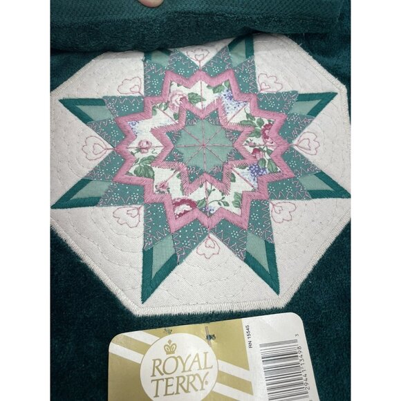 Vintage Royal Terry 3 Pc Bath Towel Set Ensemble Quilted Star Embroidered Green - Picture 3 of 8